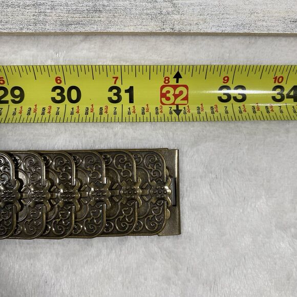 Vintage Gold Bronze Tone Metal Scalloped Fish Scale Stretch Belt Boho Festival - Picture 7 of 8